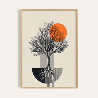 Framed print close-up of abstract tree wall art with orange circle and black roots