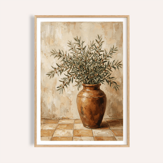 Framed Rustic Olive Art of olive branches in a brown vase with neutral tones