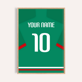 Framed print close-up of a green football shirt poster with red sleeve stripe and white number 10
