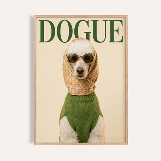 Fashion Poodle wall art showing a white poodle with a multicoloured scarf and green jumper in a wooden frame