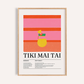 Framed Bar Wall Art showing a minimalist tiki mai tai cocktail illustration with pink and orange stripes