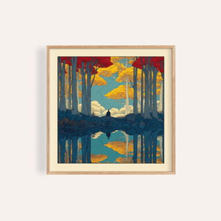 Framed print close-up of Hasui Kawase serene nature wall art with peaceful figure and autumn colours