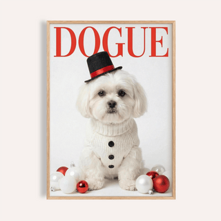 Framed Christmas Shih Tzu Poster of a white dog in a sweater and black hat with red and white baubles