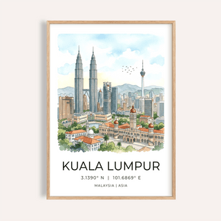 Framed Kuala Lumpur art print with watercolour skyline and detailed buildings