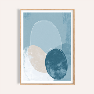 Framed Geometric Circle Poster showing abstract ovals in blue and beige with white outlines