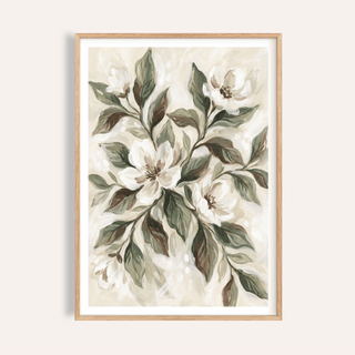 Framed print of white flowers and green leaves in watercolour style
