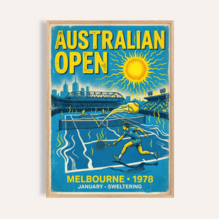 Melbourne Tennis wall art showing tennis players on court in blue and yellow retro style