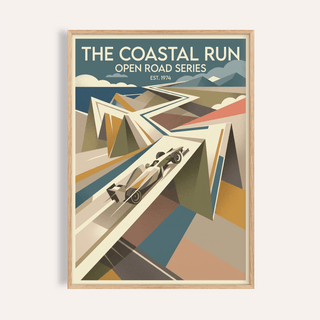Grand Prix Race Poster framed print close-up of a vintage mid-century style formula race car with muted colours