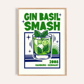 Framed Gin Basil Smash poster with green and blue illustration of cocktail and text