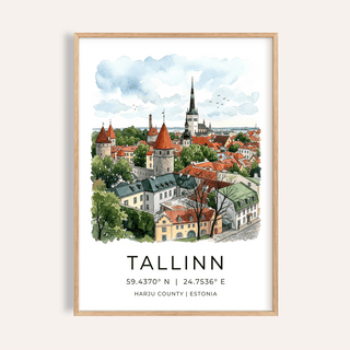 Framed print of Tallinn city wall art with watercolour illustration in green and terracotta hues