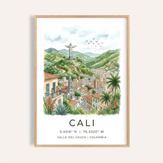 Framed Cali Colombia poster showing a watercolour cityscape with Christ statue and lush greenery