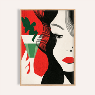 Framed print of Art Deco Cocktail Woman with red lips and green cocktail glass on cream background