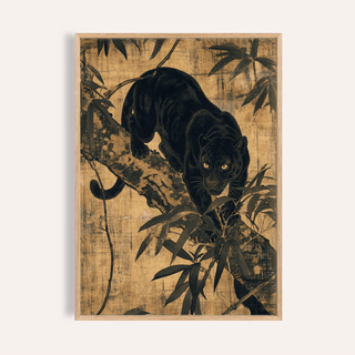Jungle wall art of a black panther on a tree branch with dark leaves in Japanese ink style