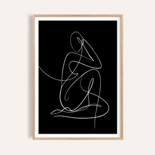 Framed print minimalist human form art print with white line art on black background
