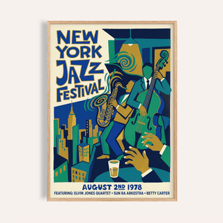 Framed jazz music poster with blue and green jazz musicians holding saxophone and double bass and New York skyline