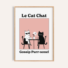 Framed Funny Cat Artwork showing two cats with sunglasses and glasses at a table with a flower on a pink background