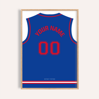 Framed Basketball Jersey Poster in Blue with Red Number with text Your Name and number 00 in red