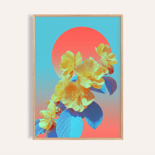 Framed close-up of vibrant floral wall art with yellow flowers and blue leaves on a blue and red background