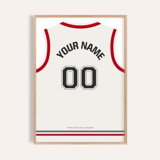 Framed Basketball Jersey Poster in White with Red Sleeves and Black Number showing the back of the jersey with number 00