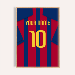 Framed football shirt poster in red and blue stripes with yellow number in minimalist style