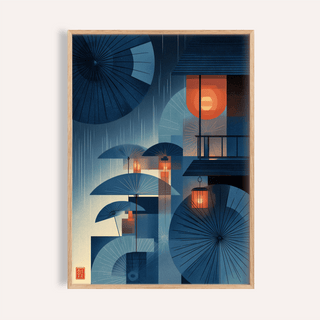 Framed print close-up of Japanese umbrella wall art with blue umbrellas and orange lanterns
