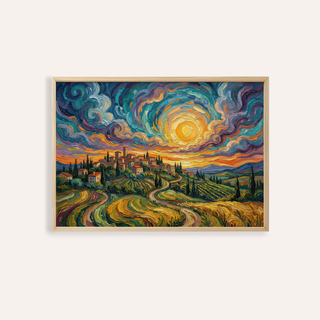 Framed print close-up of Sunset Scenery wall art with vibrant abstract countryside sunset village colours