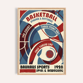 Framed print close-up of Bauhaus basketball art print with red and blue geometric court design