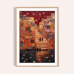 Framed print of Varanasi art print showing people on a boat by vivid stairs in warm shades