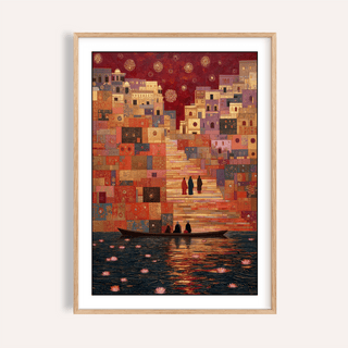 Framed print of Varanasi art print showing people on a boat by vivid stairs in warm shades