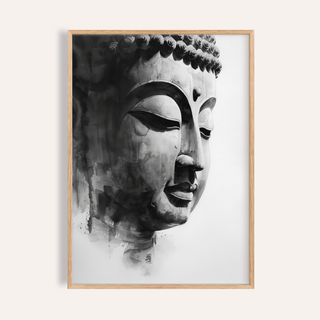 Framed Buddha art print showing a black and white watercolor Buddha face