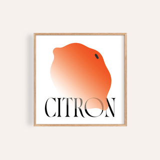 Framed Abstract Lemon Art Print of an orange minimalist citrus shape with black text in a light wooden frame