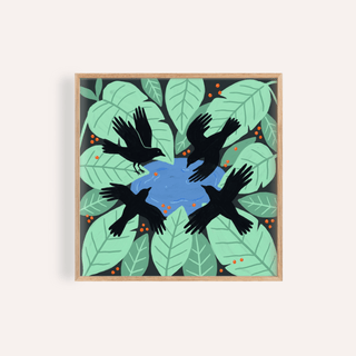Framed print close-up of crows art print with black birds and green leaves