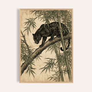 Framed close-up of black panther wall art with green bamboo illustration in beige background