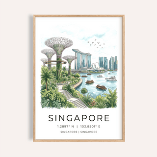 Framed Singapore City Landscape Art with blue watercolour and green Supertree Grove