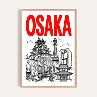 Framed Osaka City Print line-art illustration in black and red with cityscape landmarks