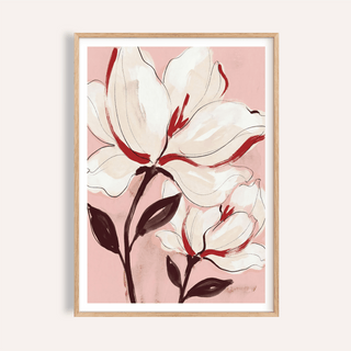 Framed floral wall art with white and red flowers on a pink background
