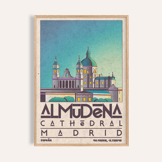 Framed Madrid Poster with Almudena Cathedral illustration featuring blue and cream tones