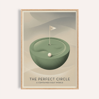 Framed Golf Art Print of a minimalist miniature golf hole in green and beige shades showing the number 18 flag