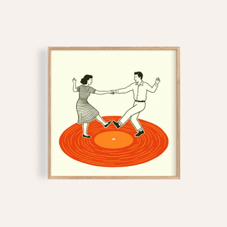 Framed vintage dance art print of a dancing couple on an orange record