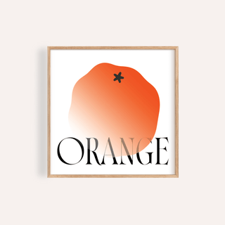 Framed minimalist fruit wall art of an orange shape with the word ORANGE in black under it