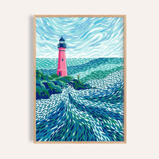 Modern Lighthouse Art framed print of a pink lighthouse with wavy blue sea and sky