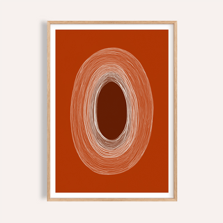 Framed Abstract Line Drawing Poster with concentric oval lines in terracotta and white