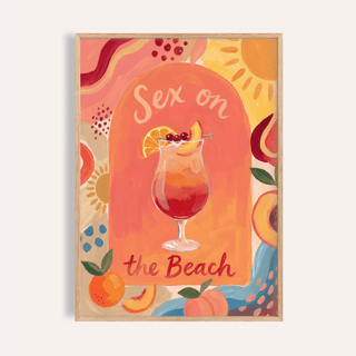 Framed Colorful Drink Poster of a watercolour cocktail with peaches and sun motifs
