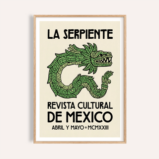 Framed close-up of cultural art print set showing a green serpent illustration with bold black text