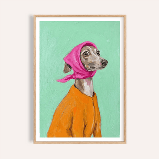 Framed Greyhound Poster of a greyhound in an orange top and pink headscarf against a pale green background