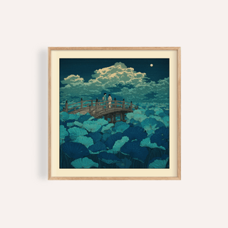 Framed print of Hasui Kawase Japanese Woodblock Lotus showing a couple on a bridge over a lotus pond