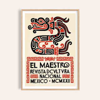 Framed Mexican Cultural Art Print with stylized serpent and black and red details