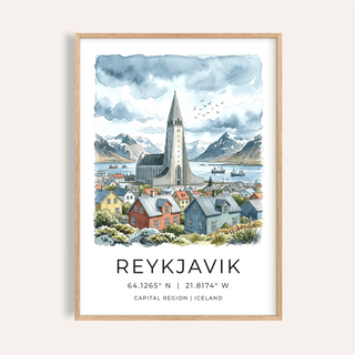 Framed Reykjavik Watercolor Art Print of Hallgrimskirkja church with blue sky and colourful houses