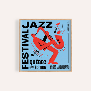 Framed Music wall art featuring a red saxophone player and black typography on blue background
