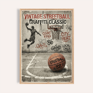 Graffiti Basketball Poster framed print close-up showing vintage streetball court with ball and hoop